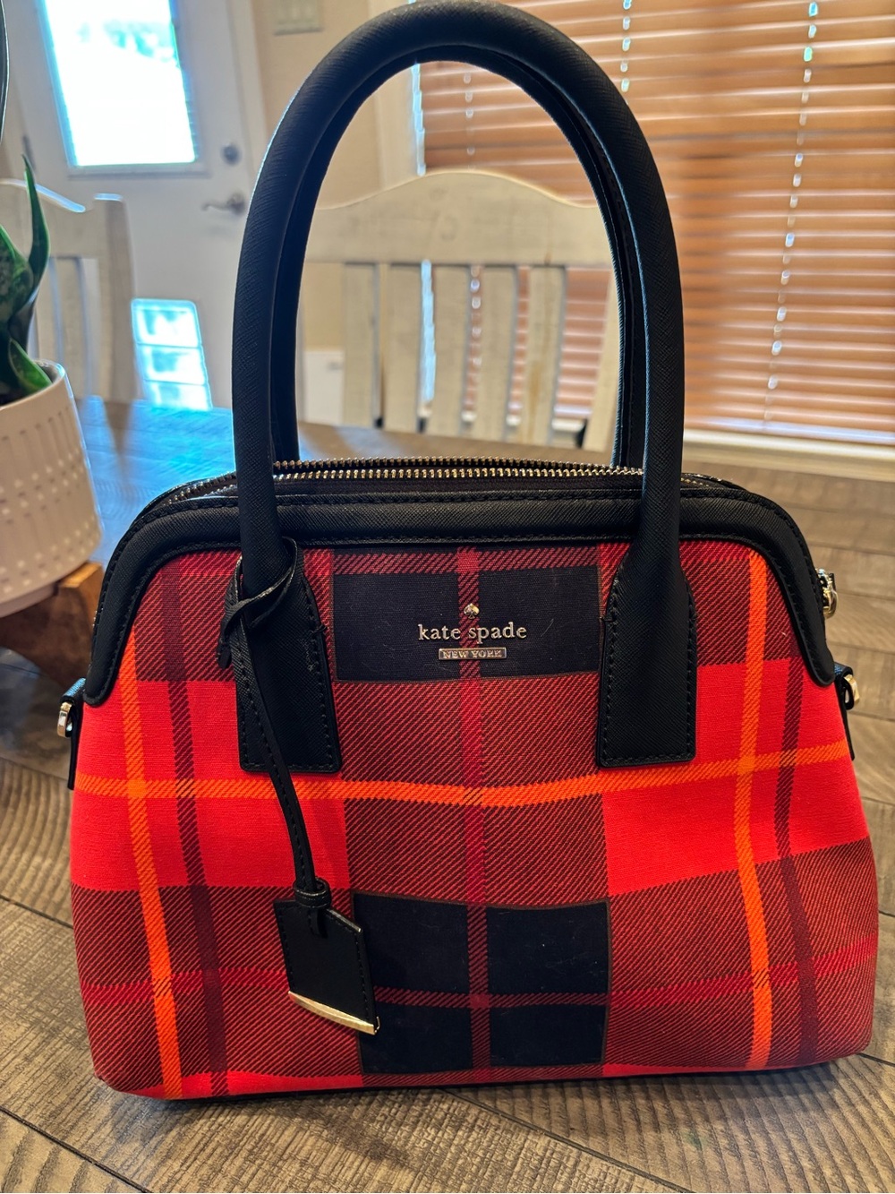 kate spade Red and Black Plaid Satchel with Orange Accents